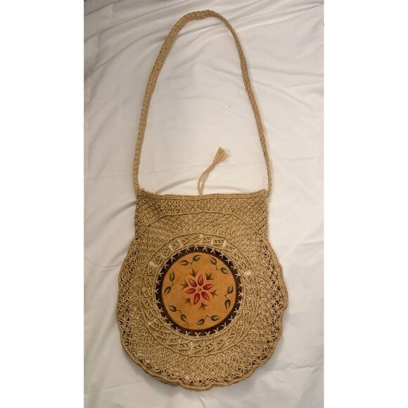Handbags - Woven Crossbody Purse with Hand Painted Leather Center Bohemian